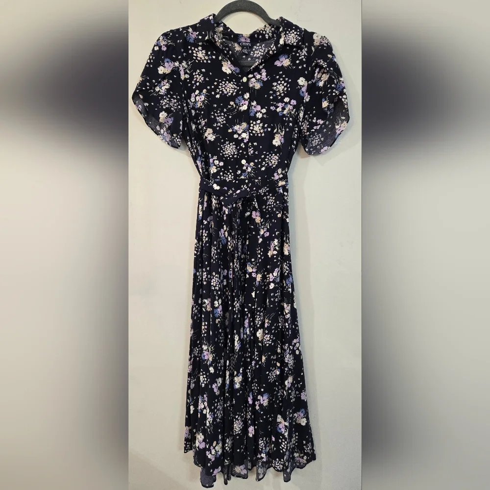 Chaps Navy Blue Dress with Purple Floral Pattern - Picture 3 of 8
